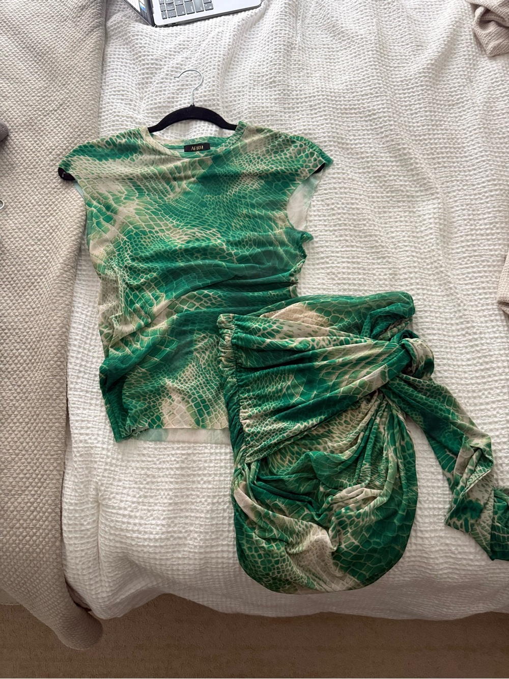 AFRM Green Sheer Snakeskin Skirt and Top Set